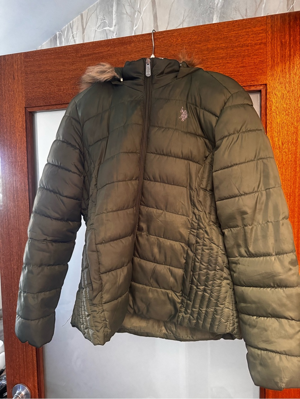 U.S. Polo Assn. Olive Puffer with Faux Fur Hood Trim size Juniors XL (women)